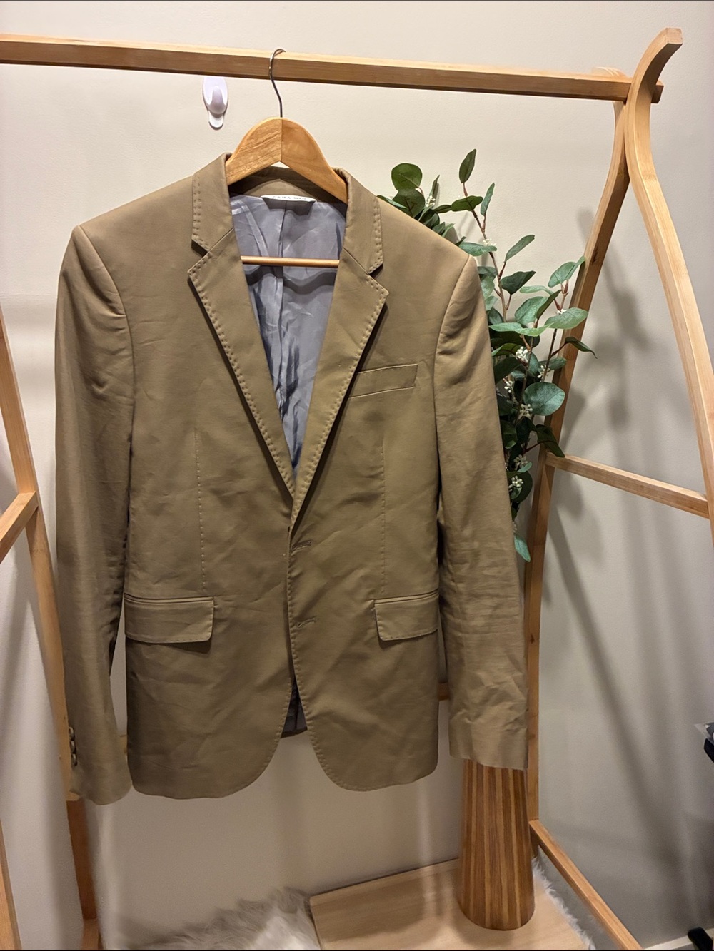Zara 96% Cotton Olive-Tan Single-Breasted Men's Blazer